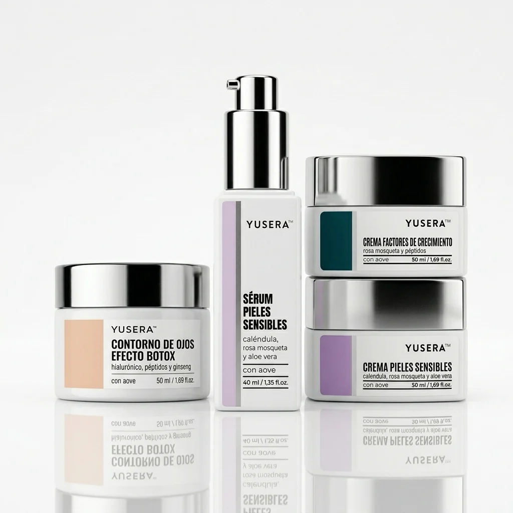 Rutina facial de Yusera: Sérum Pieles Sensibles, Crema Pieles Sensibles y Contorno de Ojos Efecto Botox, sobre fondo claro