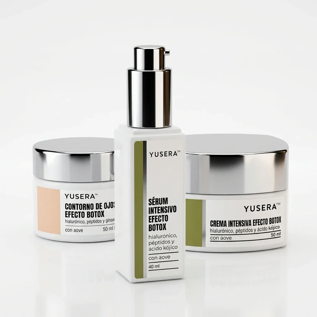 Sérum Intensivo, Crema Intensiva y Contorno de Ojos Efecto Botox de Yusera, con tapas plateadas, sobre fondo claro