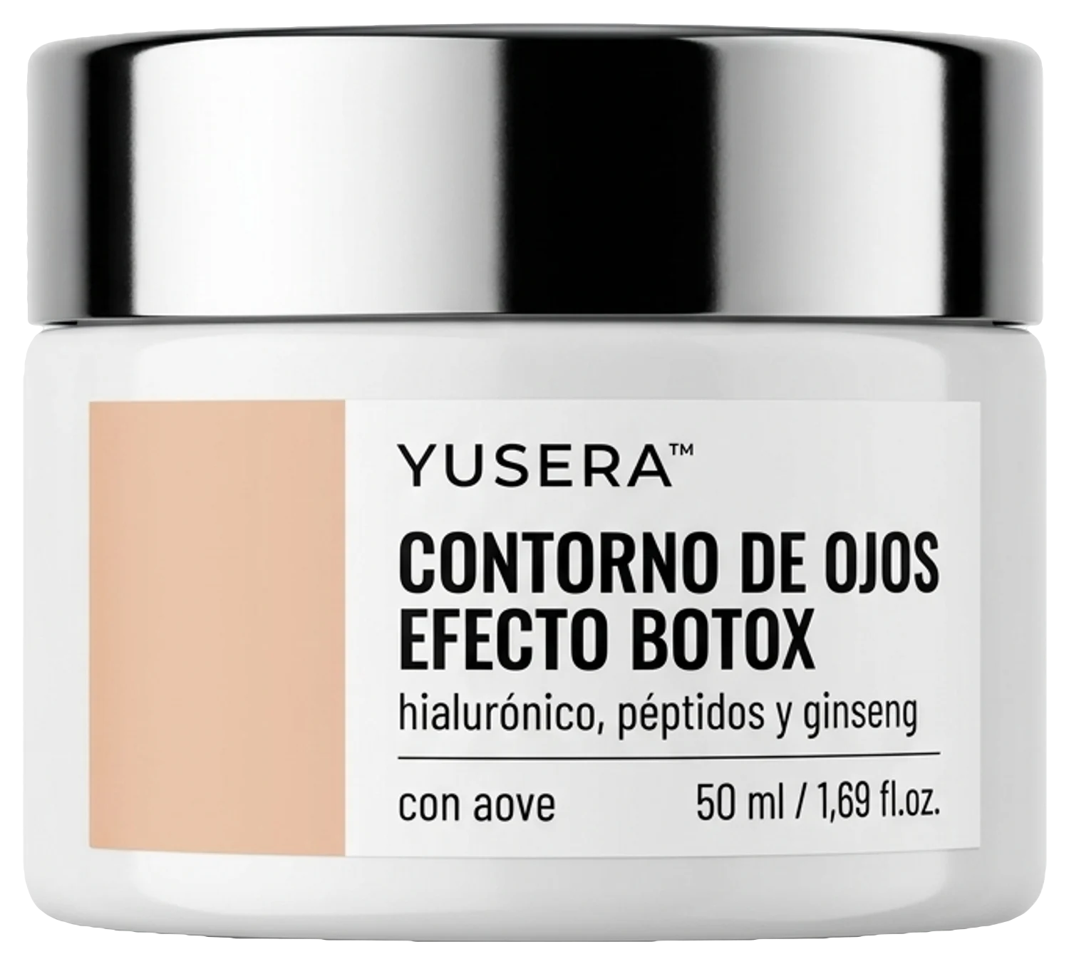 Contorno de Ojos Efecto Botox de Yusera, crema de ojos de 50 ml en tarro blanco con tapa plateada y etiqueta melocotón