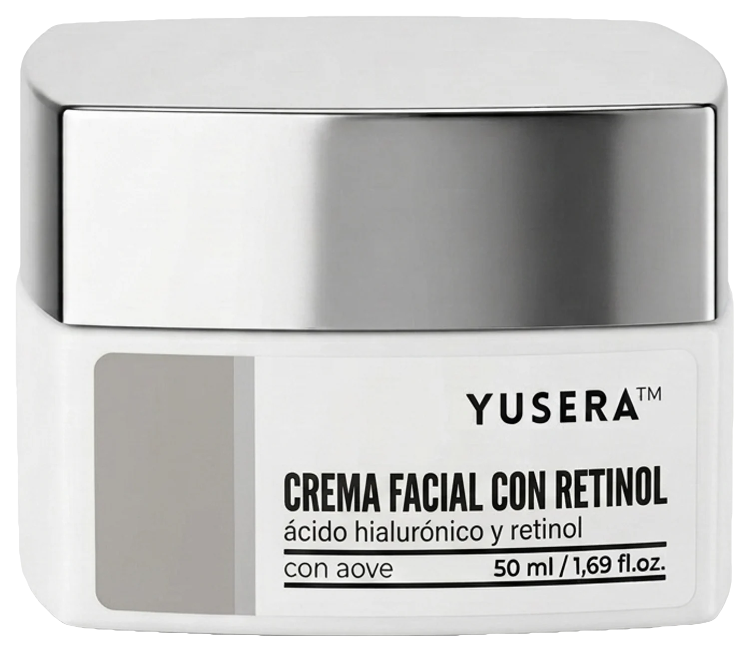 Crema Facial con Retinol de Yusera, crema facial de 50 ml en tarro blanco con tapa plateada y etiqueta gris