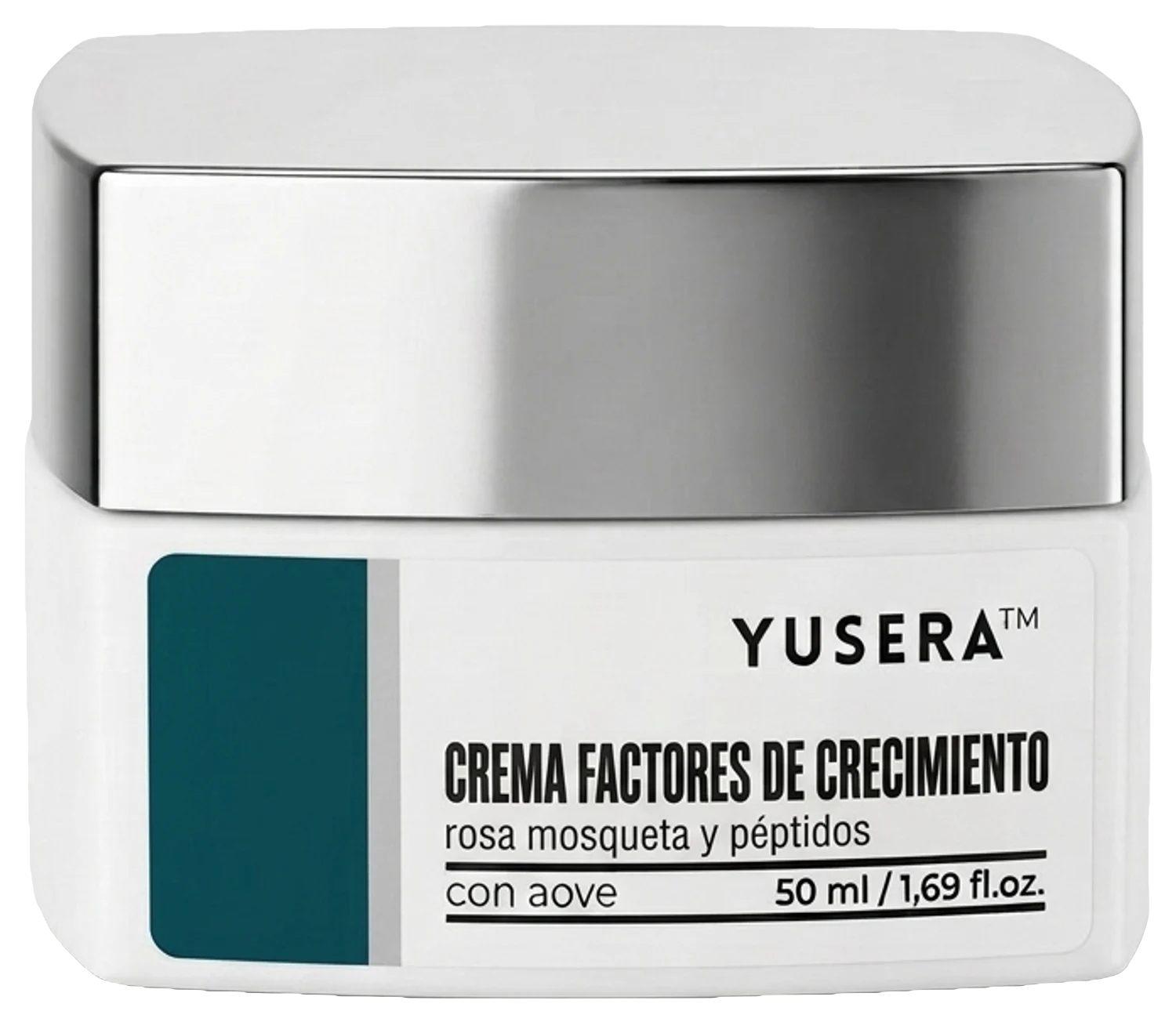 Crema Factores de Crecimiento de Yusera, crema facial de 50 ml en tarro blanco con tapa plateada y etiqueta verde petróleo