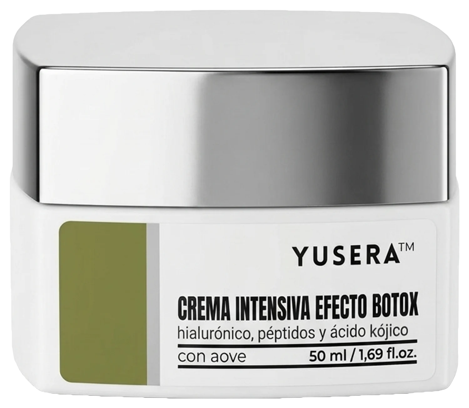 Crema Intensiva Efecto Botox de Yusera, crema facial de 50 ml en tarro blanco con tapa plateada y etiqueta verde oliva