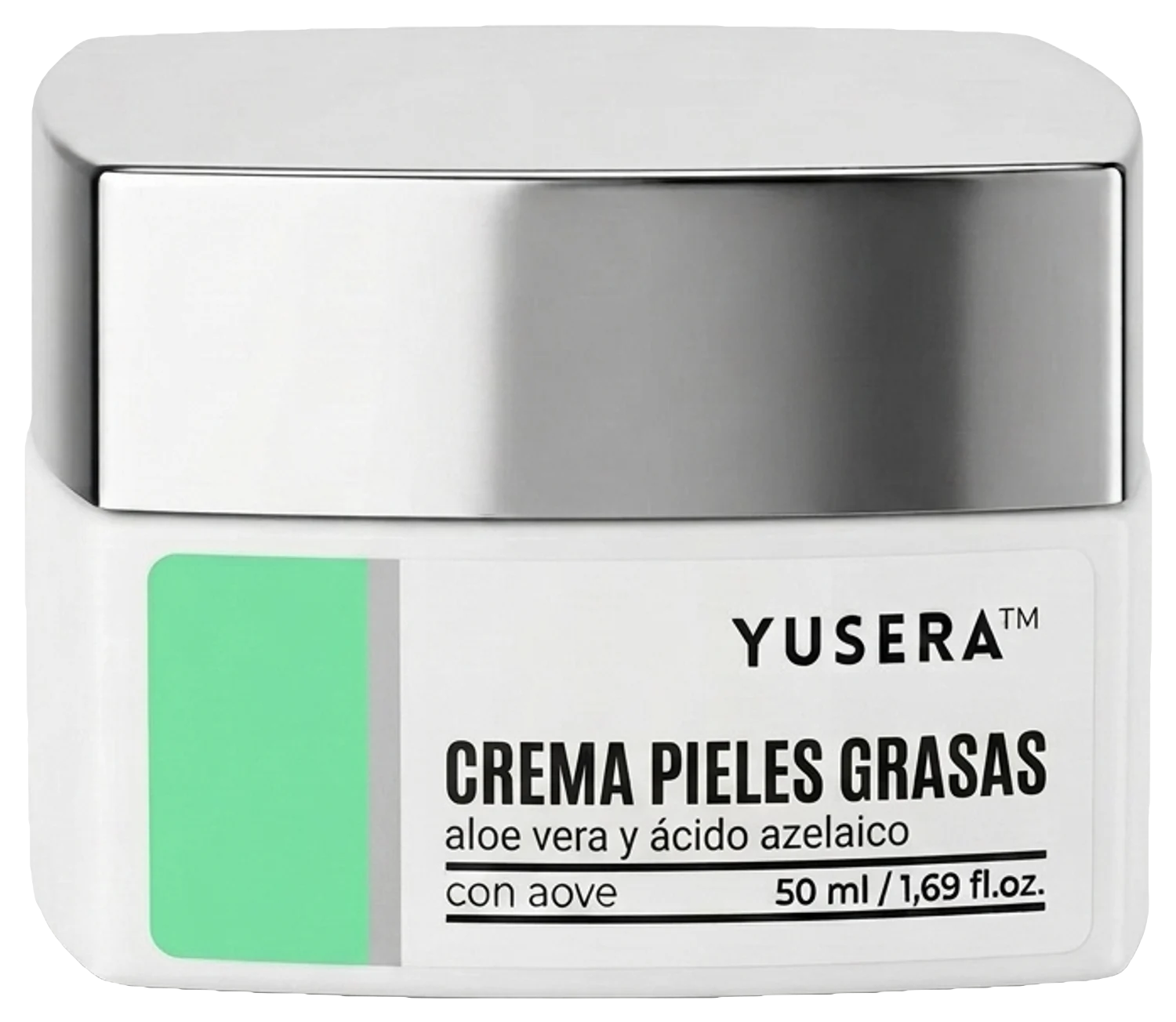 Crema Pieles Grasas de Yusera, crema facial de 50 ml en tarro blanco con tapa plateada y etiqueta verde menta