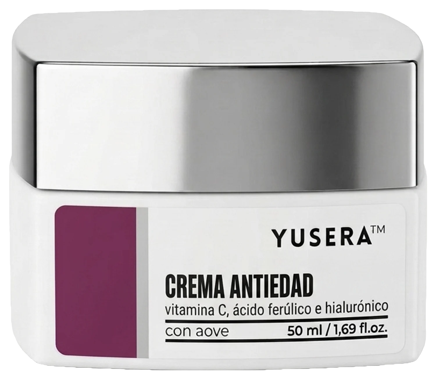 Crema Antiedad de Yusera, crema facial antiarrugas de 50 ml en tarro blanco con tapa plateada y etiqueta ciruela
