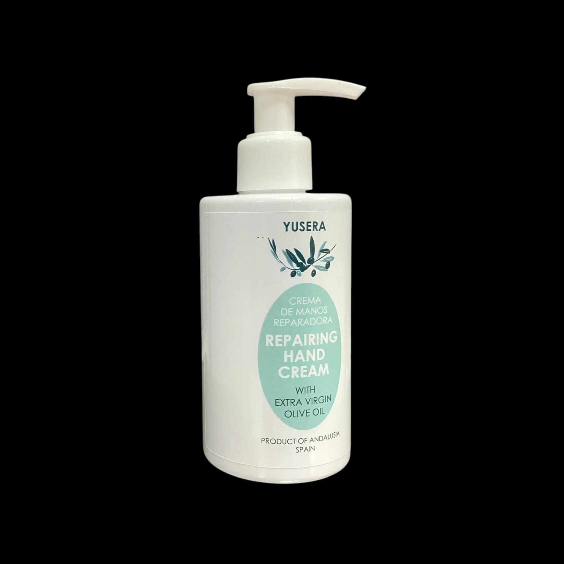 Crema de Manos Reparadora de Yusera, frasco blanco con dosificador y etiqueta ovalada verde menta con rama de olivo