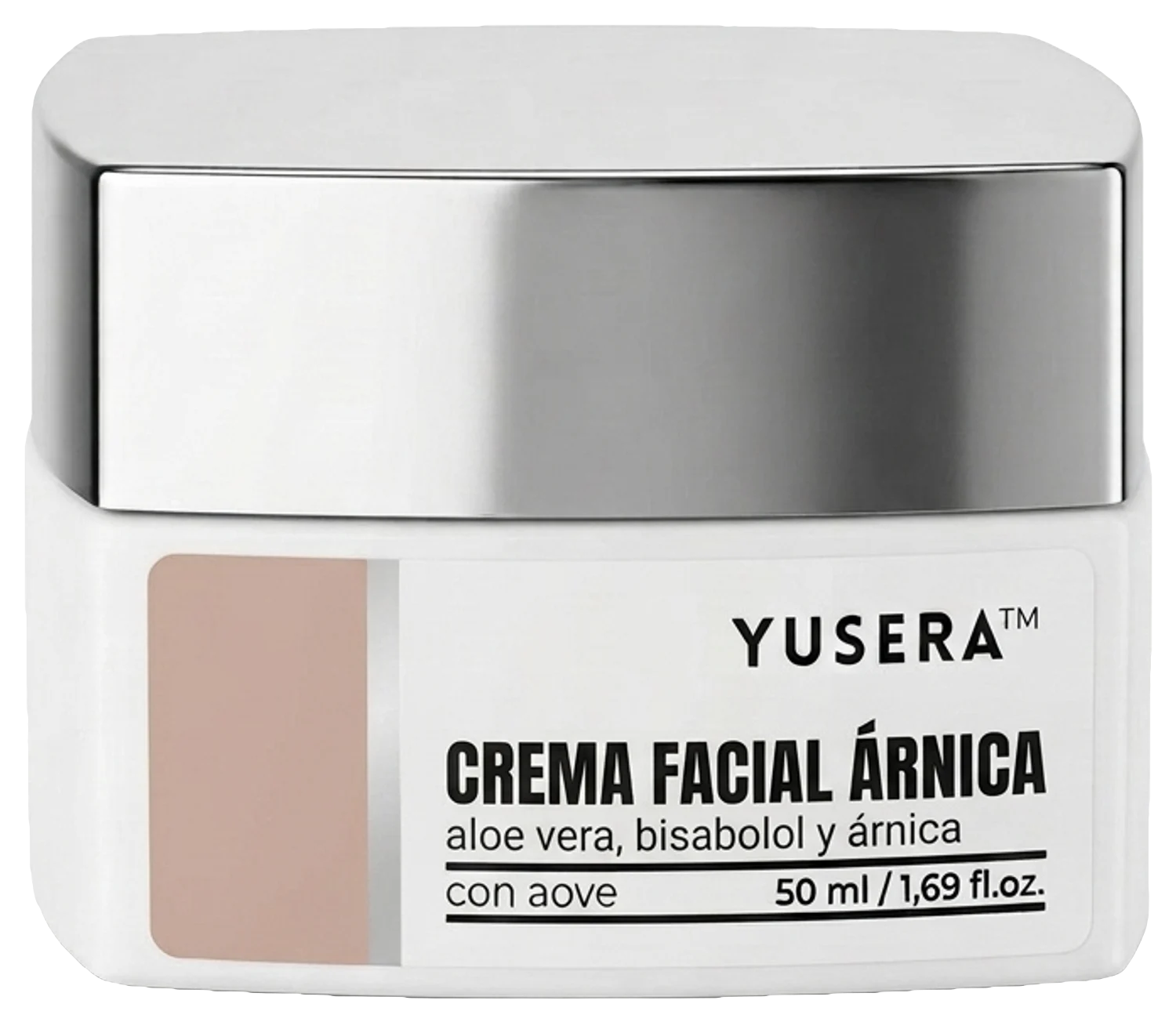 Crema Facial Árnica de Yusera, crema facial de 50 ml en tarro blanco con tapa plateada y etiqueta beige rosado