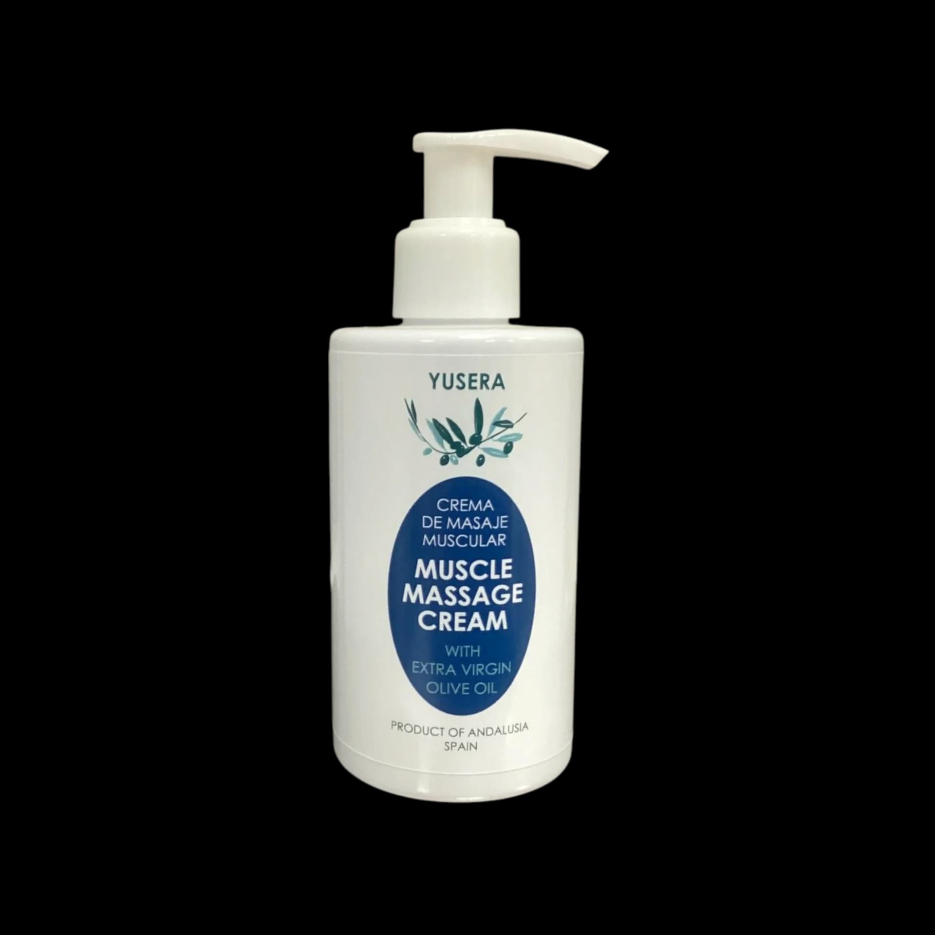 Crema de Masaje Muscular de Yusera, frasco blanco con dosificador y etiqueta ovalada azul con rama de olivo