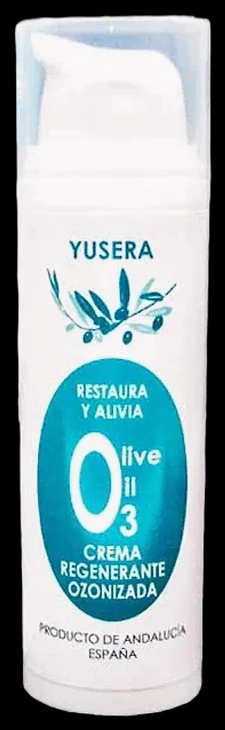 Crema Ozonizada Regenerante de Yusera, crema para pieles secas y sensibles en envase dosificador blanco con etiqueta azul