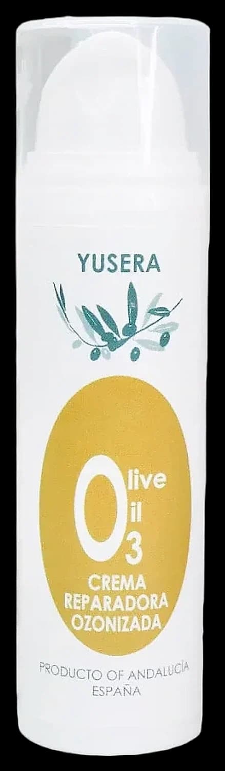 Crema Ozonizada Reparadora de Yusera, crema para pieles sensibles en envase airless blanco de 50 ml con etiqueta dorada