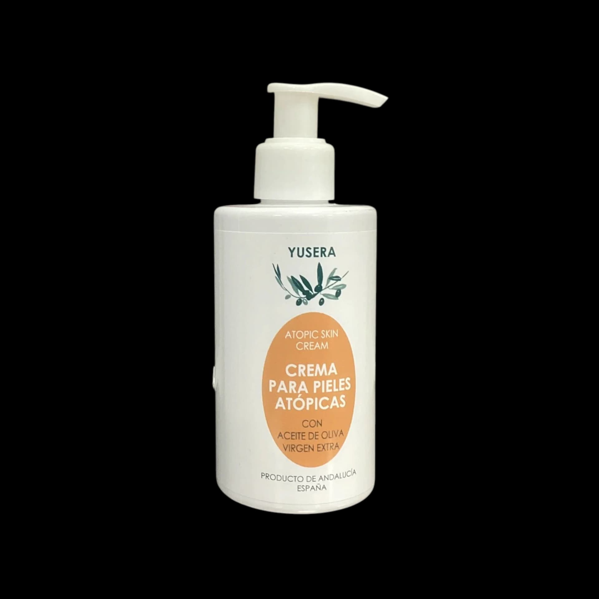 Crema Hidratante Piel Atópica de Yusera, frasco blanco con dosificador y etiqueta ovalada naranja con rama de olivo