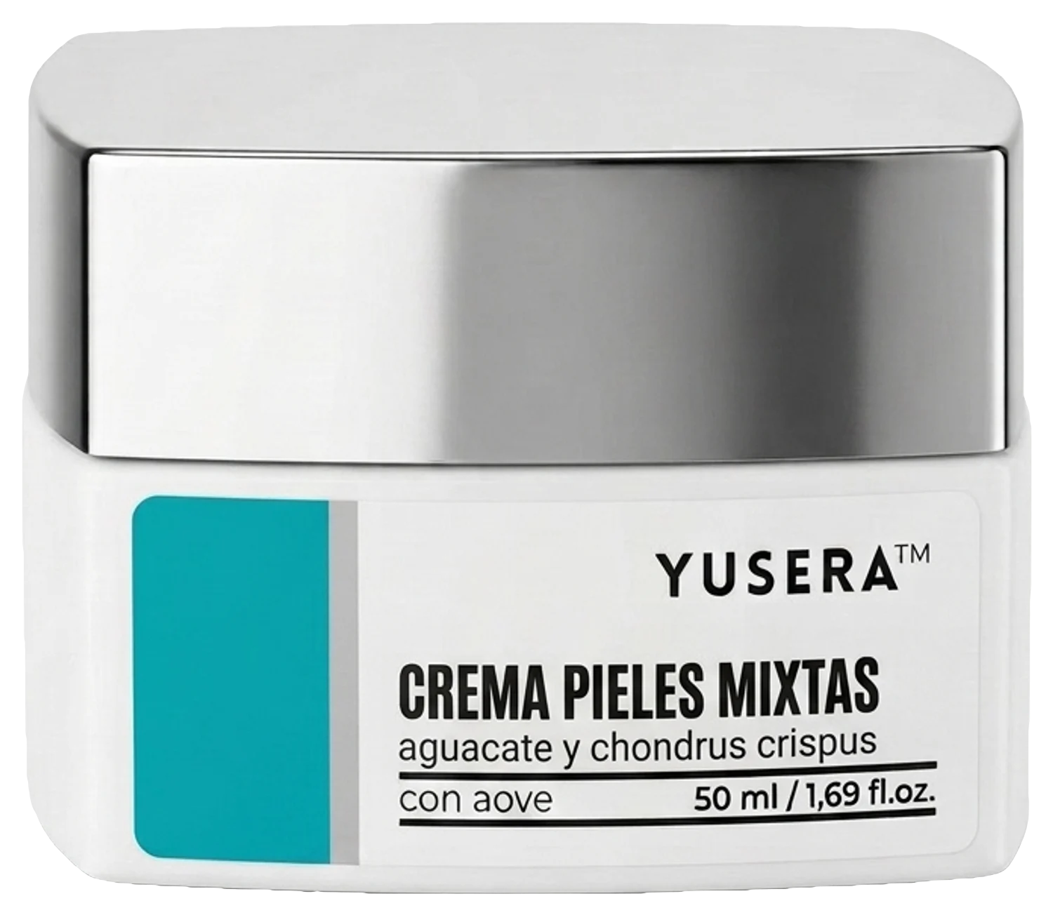 Crema Pieles Mixtas de Yusera, crema facial de 50 ml en tarro blanco con tapa plateada y etiqueta azul turquesa