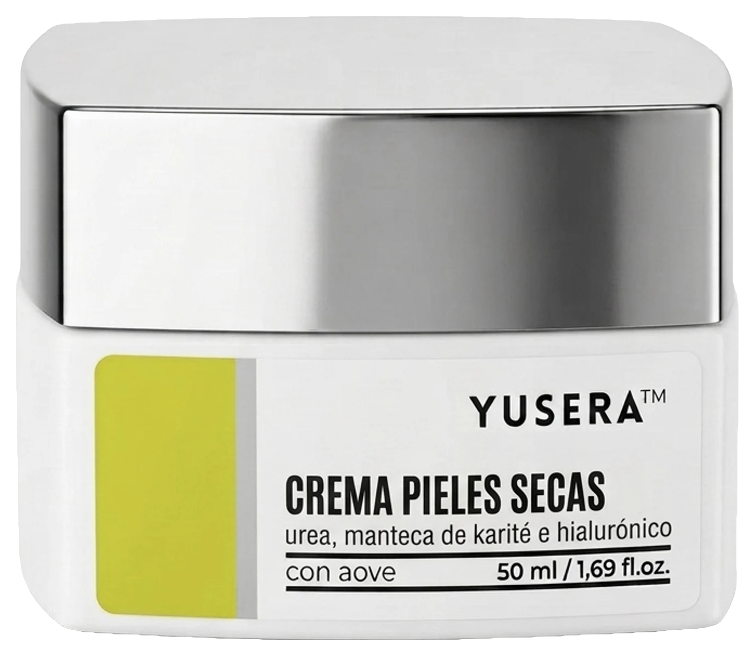 Crema Pieles Secas de Yusera, crema facial de 50 ml en tarro blanco con tapa plateada y etiqueta amarillo lima