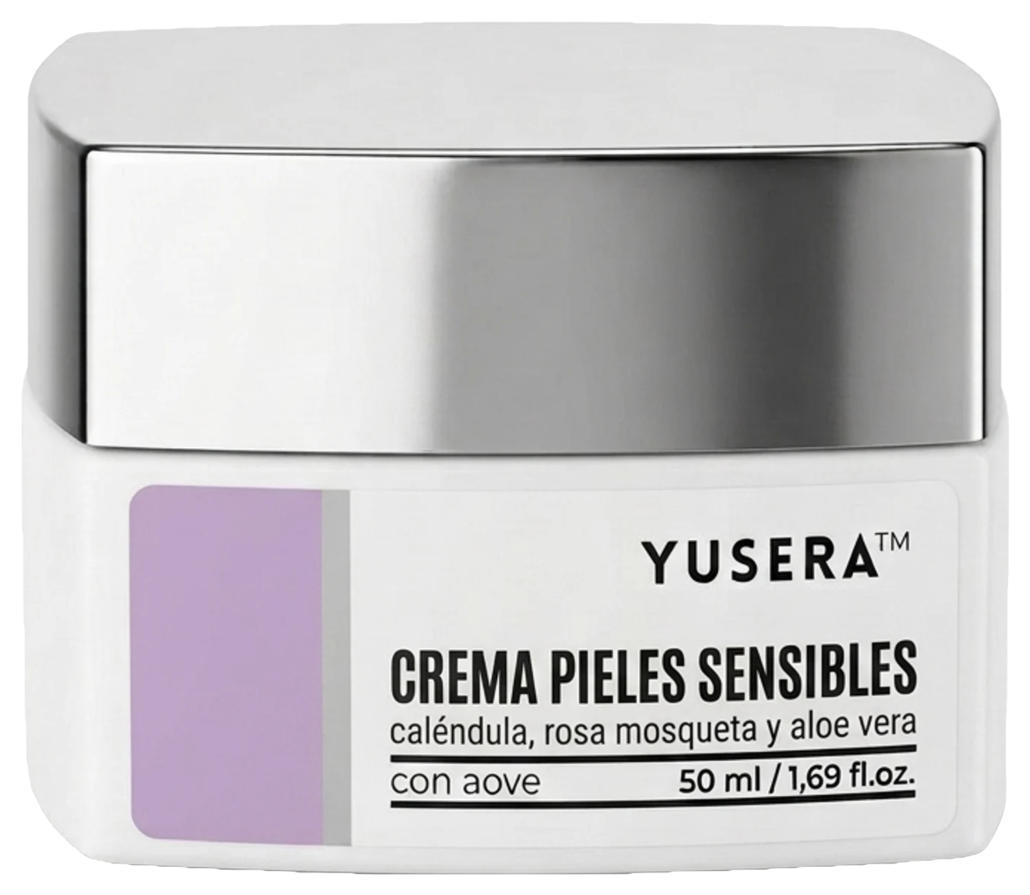 Crema Pieles Sensibles de Yusera, crema facial de 50 ml en tarro blanco con tapa plateada y etiqueta lila