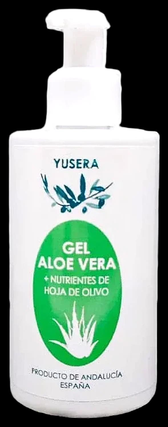 Gel de Aloe Vera de Yusera, gel corporal hidratante en frasco blanco de 200 ml con dosificador y etiqueta verde