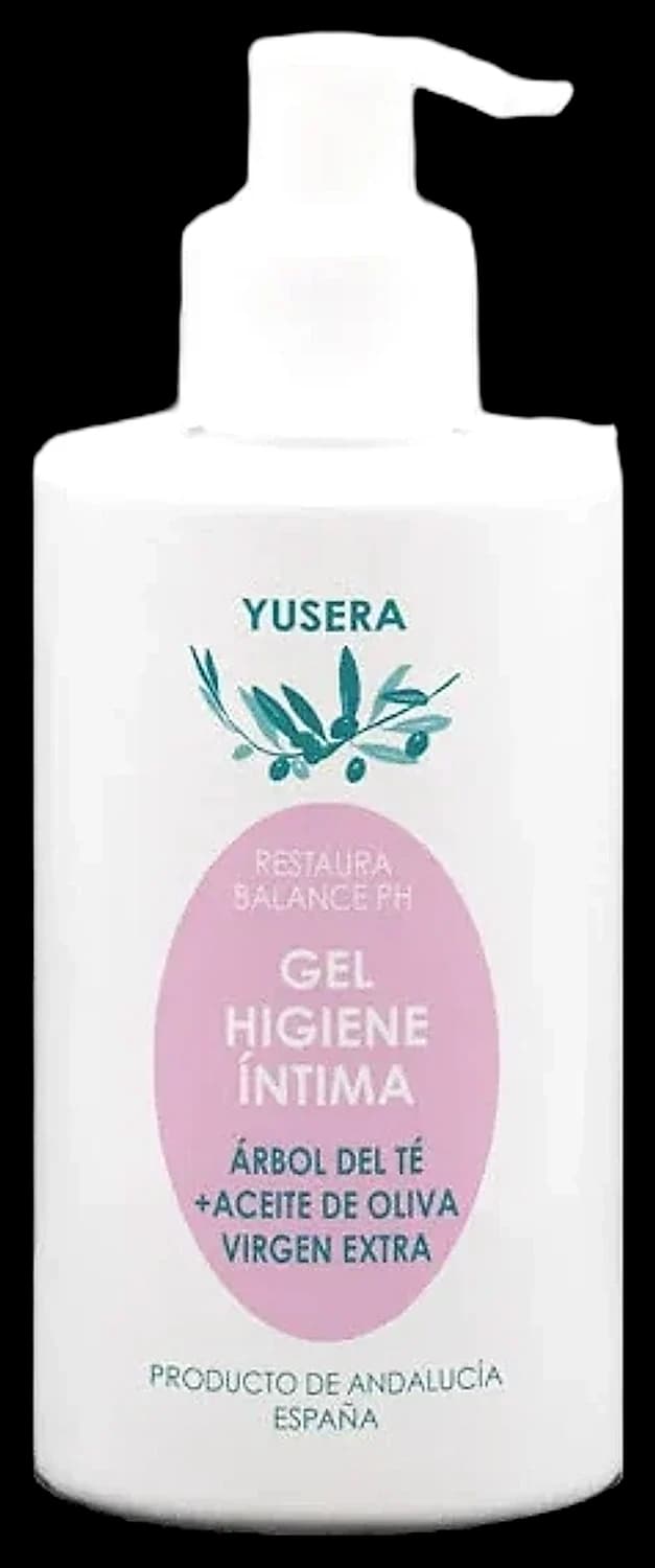 Gel de Higiene Íntima de Yusera con árbol del té, en frasco blanco de 200 ml con dosificador y etiqueta rosa
