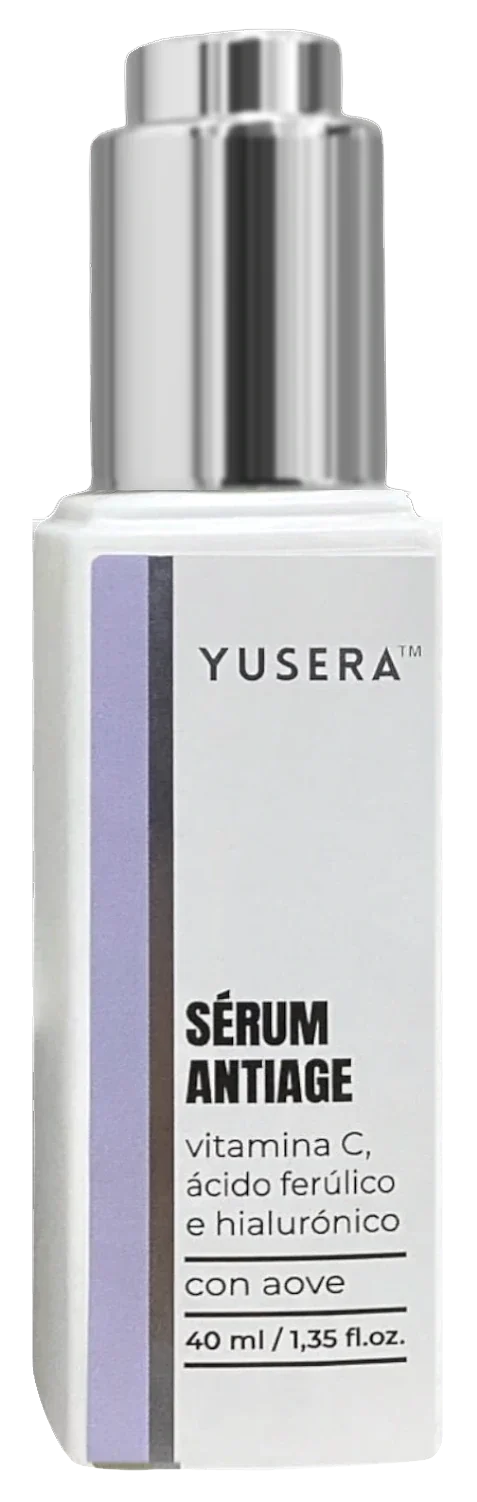 Sérum Antiedad Vitamina C de Yusera, sérum de 40 ml en frasco blanco con cuentagotas plateado y banda violeta