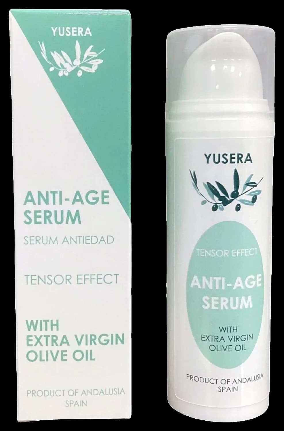 Sérum Antiedad Efecto Tensor de Yusera, frasco blanco con bomba airless junto a su caja verde agua