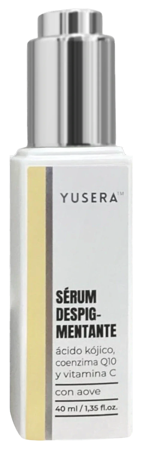 Sérum Despigmentante de Yusera, sérum facial de 40 ml en frasco blanco con dosificador plateado y etiqueta amarilla